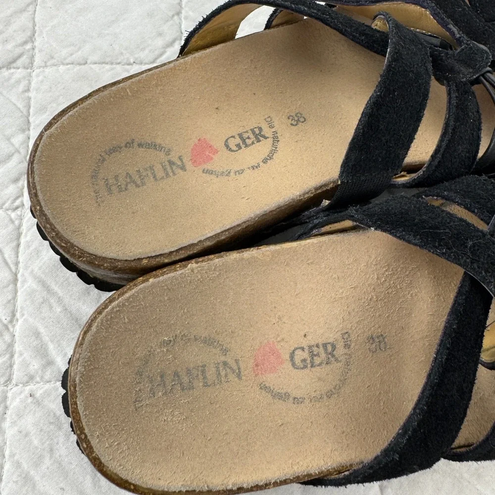 Haflinger‎ Black Suede Leather Strappy Cork Slide Sandals Womens 38 US 7